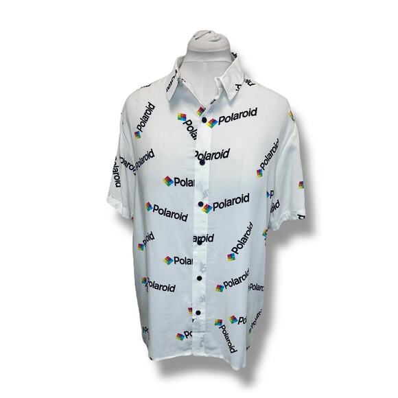 Polaroid Mens Shirt Short Sleeve Button Down Retro All-Over Graphic M White - Picture 2 of 11